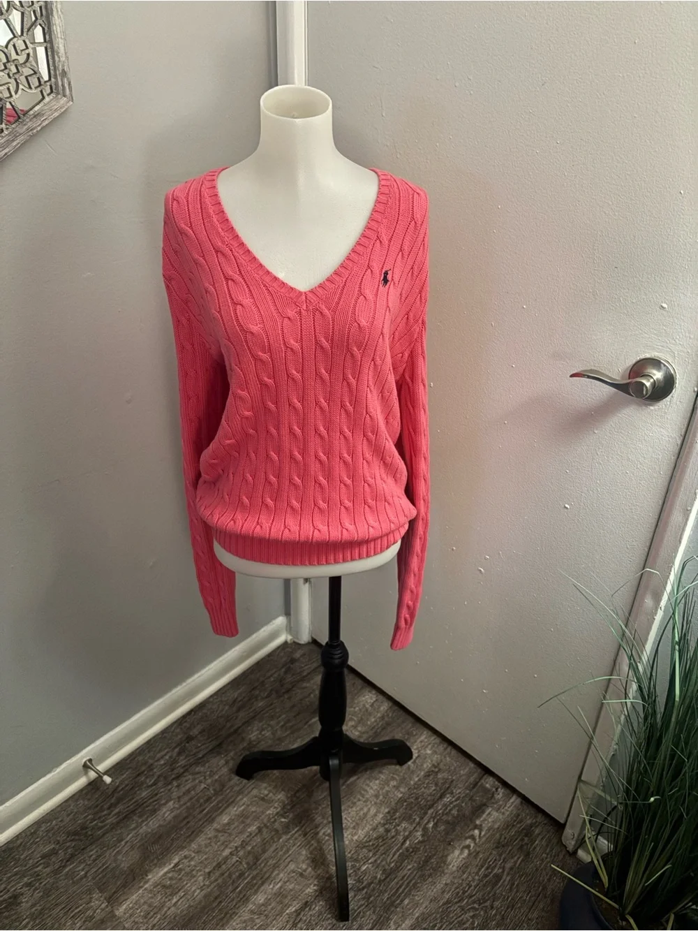 VTG Ralph Lauren Sport Hot Pink Cable Knit V-Neck Sweater XL